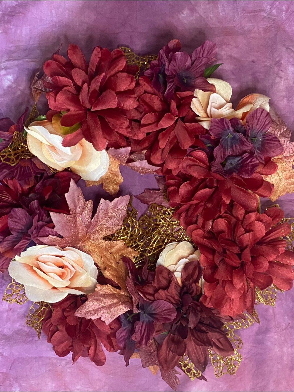Handmade Decorative Fall Floral Wreath - Burgundy and Cream